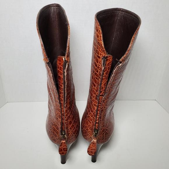 Cole Haan Nydia Cognac Crocodile Style Boots Heeled Zipper - Picture 7 of 11